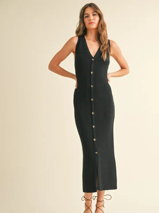 Sleeveless Button Down Ribbed Knitted Long Dress