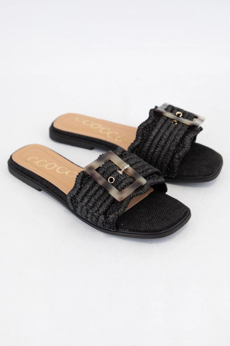 Tortoise Buckle Raffia Sandals