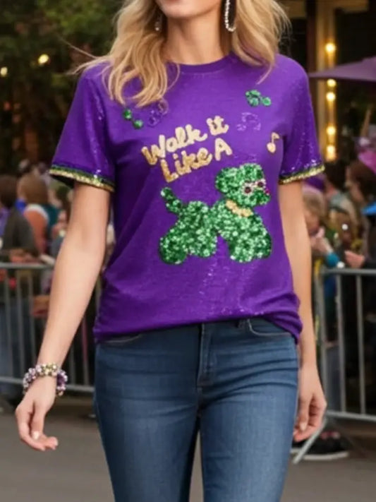 Mardi Gras Walk It Like A Dog Sequin Embroidered T-Shirt
