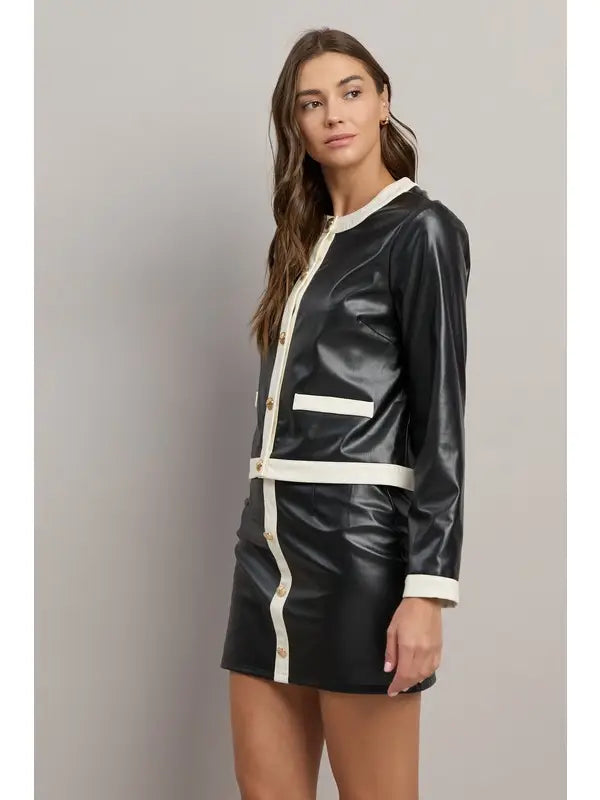 Contrast Trim Vegan Leather Jacket