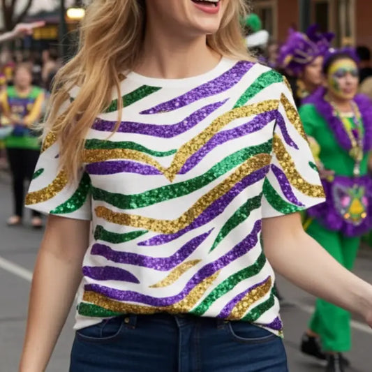 Mardi Gras Sequin Tiger Stripe T-Shirt