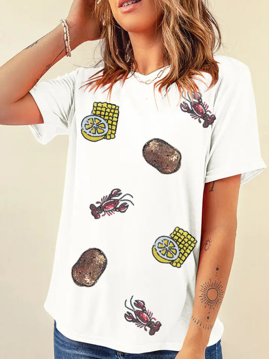 Sequin Crawfish Potato Lemon Corn Graphic Crewneck T Shirt
