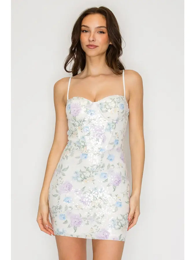 Floral Sequin Sweetheart Mini Dress