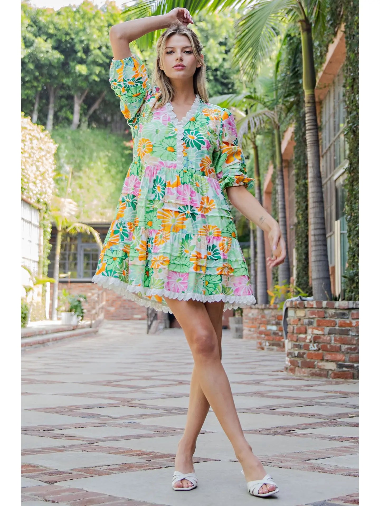 Floral Print Lace Trim Pleated Mini Dress - The Season Boutique