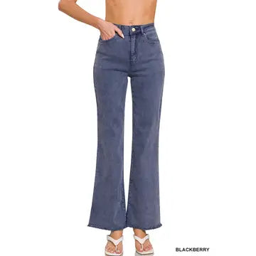 Acid Washed Cutoff Hem Wide Pants
