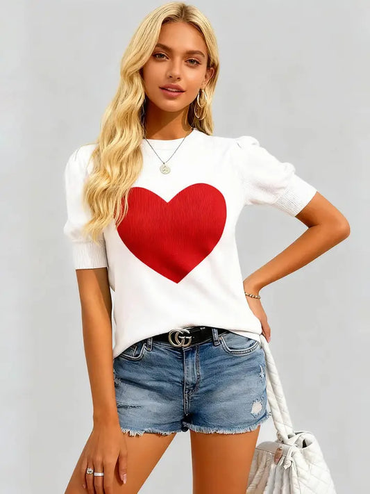 Valentine's Rib Knit Heart Short Sleeves Sweater