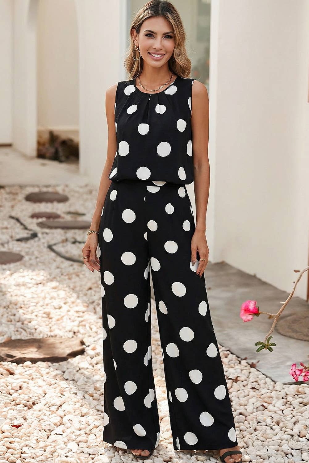 Pleated Polka Dot Tank and Wide Leg Set