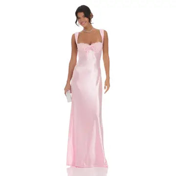 Satin Lace-Bust Dress in Pink