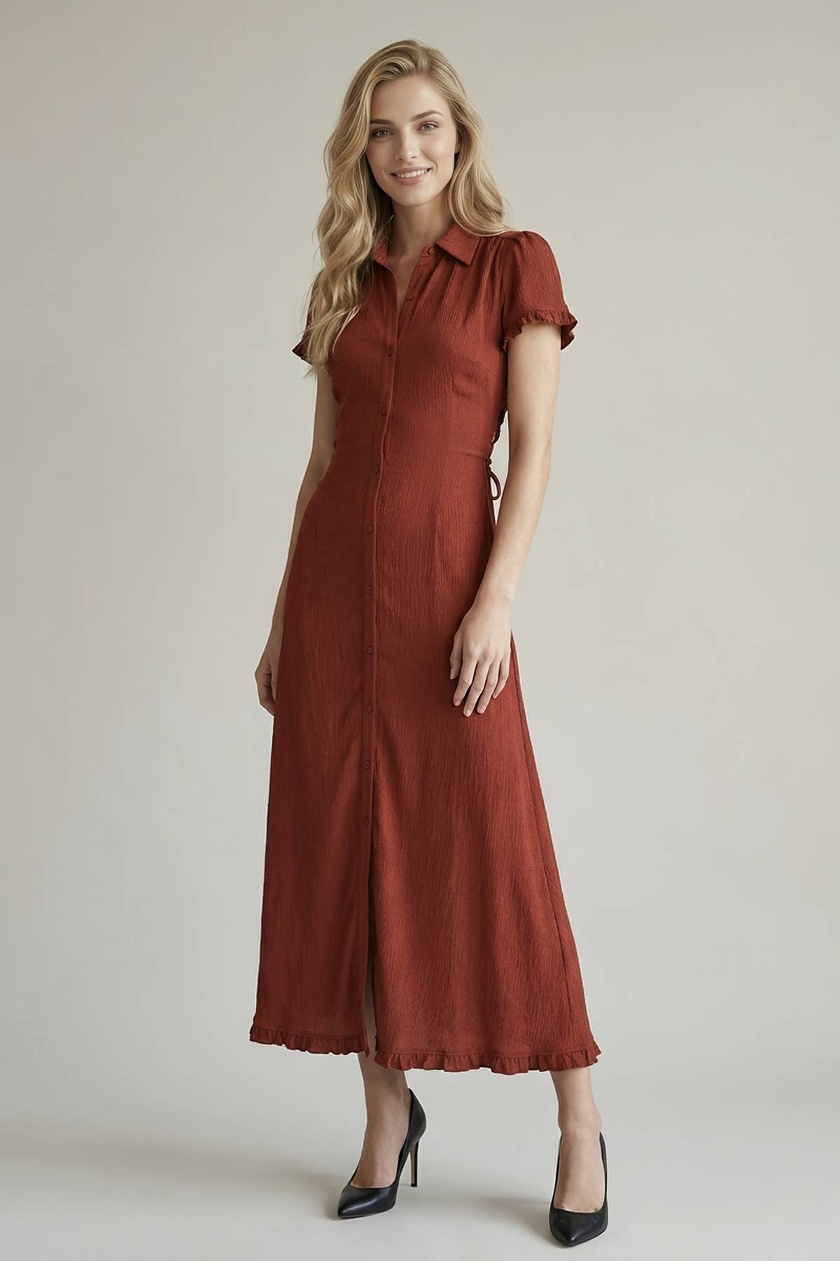 RUFFLE HEM MAXI BUTTON FRONT DRESS
