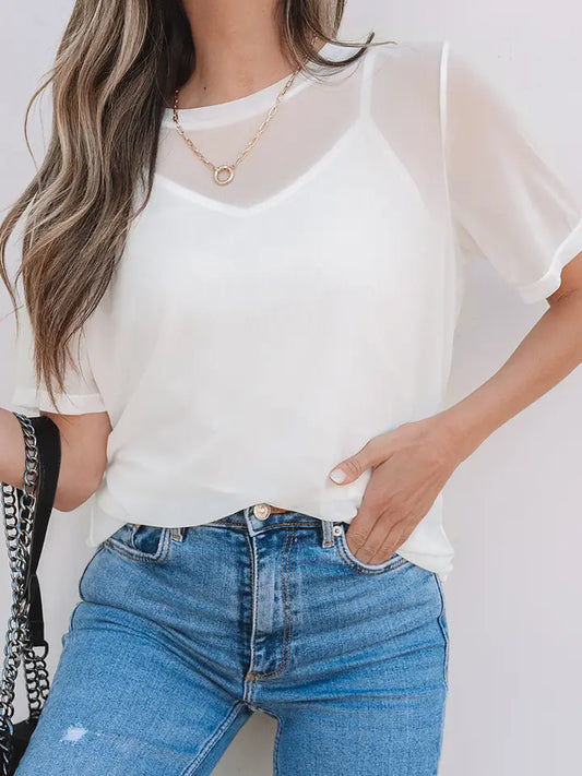 Solid Color Sheer Mesh Patchwork Short Sleeve Top | 2 Pieces