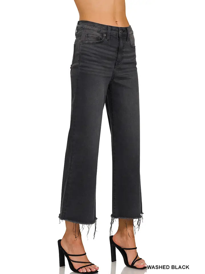 High Rise Washed Black Cropped Jean Pants