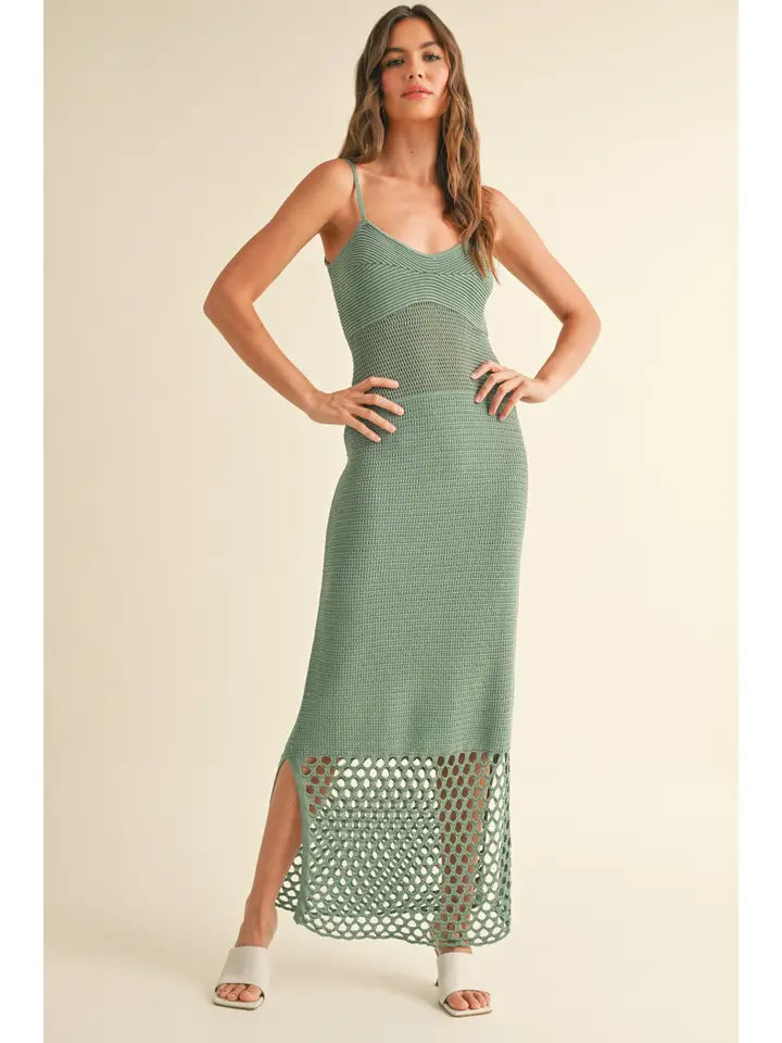 Net Pattern on Bottom Knitted Dress- Sage