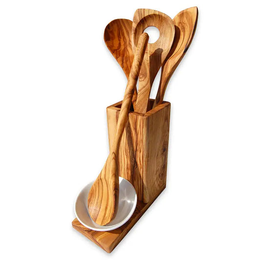 All-in Utensil Mug Including Three Cooking Spoons of Olive Wood