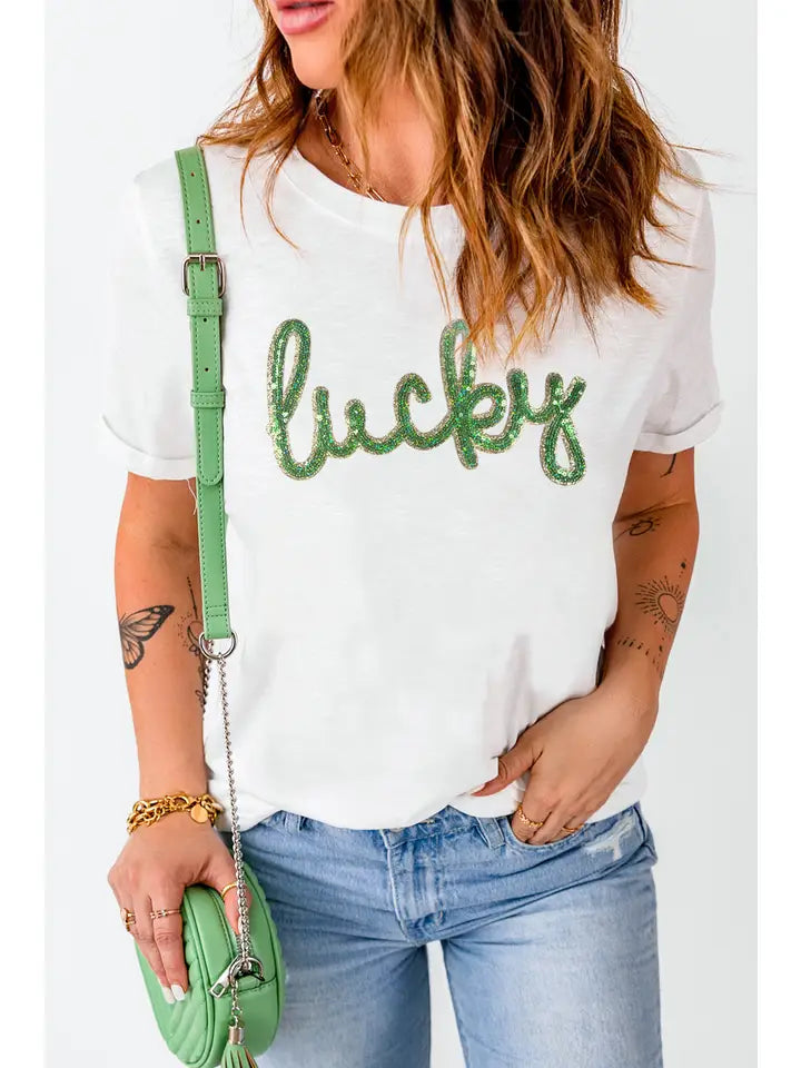 Sequined Lucky Letter Tee - The Season Boutique