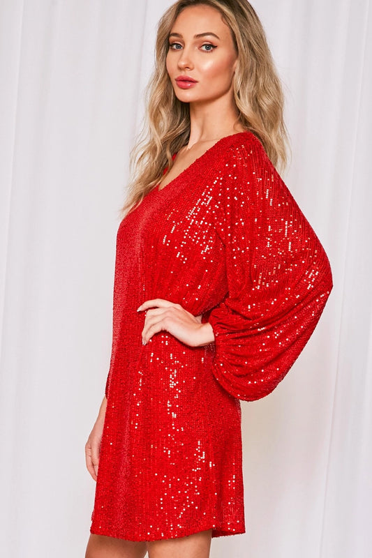 V-Neck Balloon Sleeves Sequin Mini Dress
