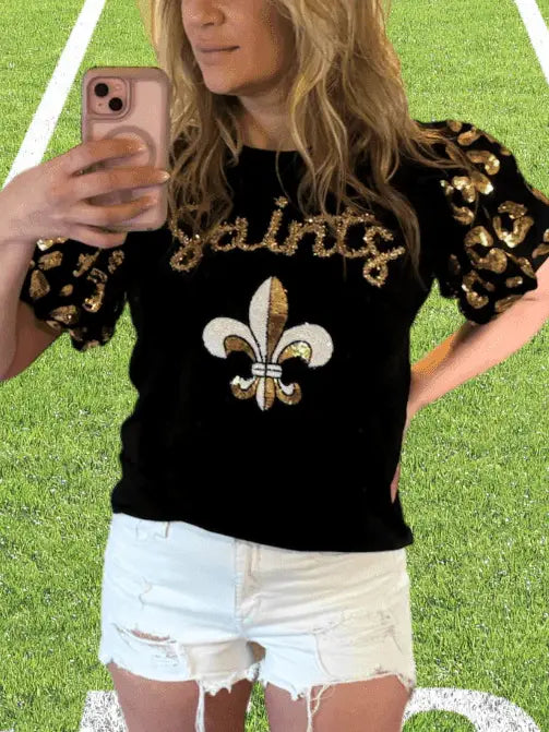 Black and Gold Gameday New Orleans Tinsel Script Top