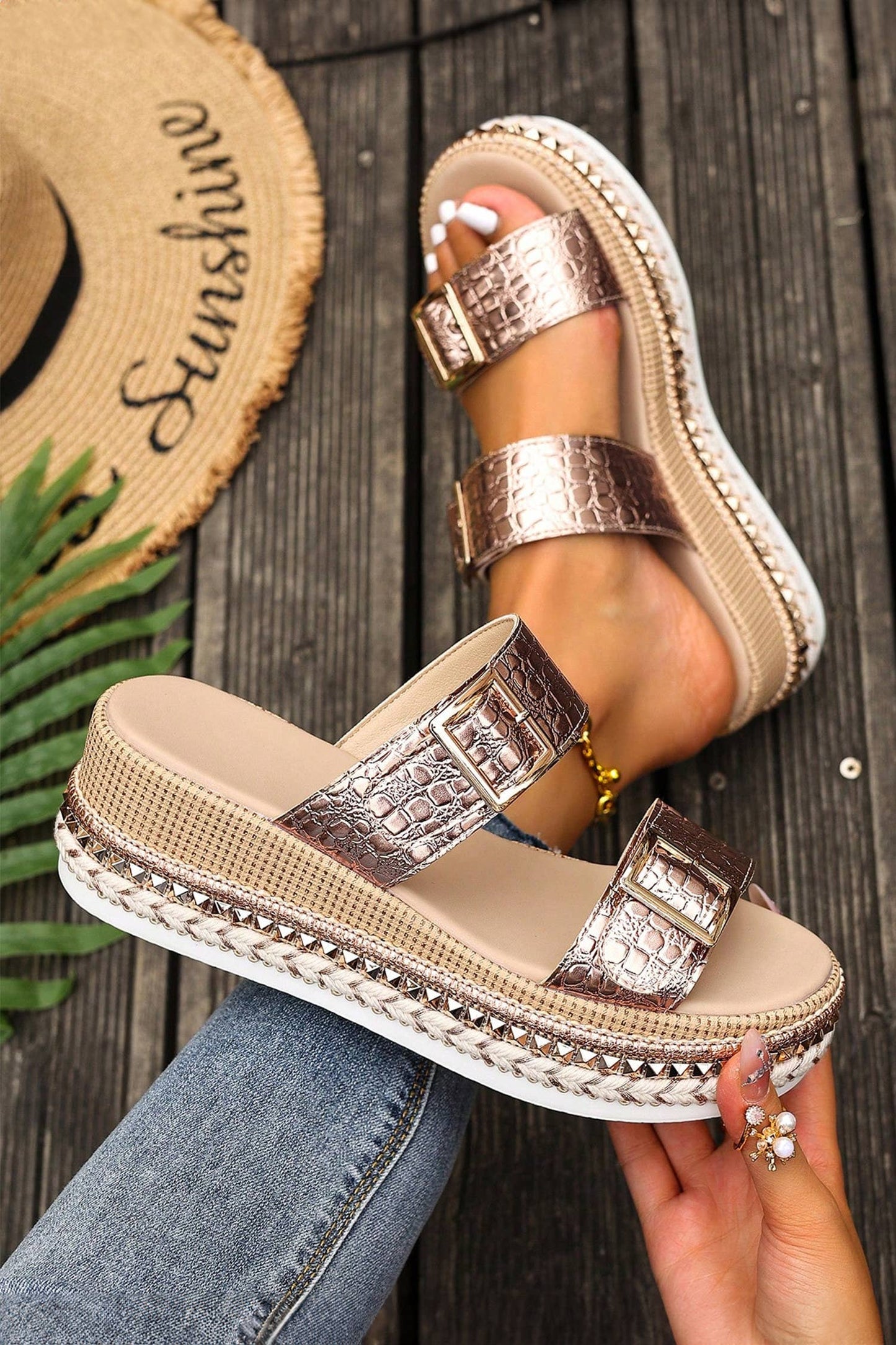 Leather Buckle Wedge Platform Slip GOLD - The Season Boutique