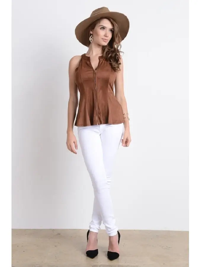 Sleeveless Zip Up Suede Peplum Top