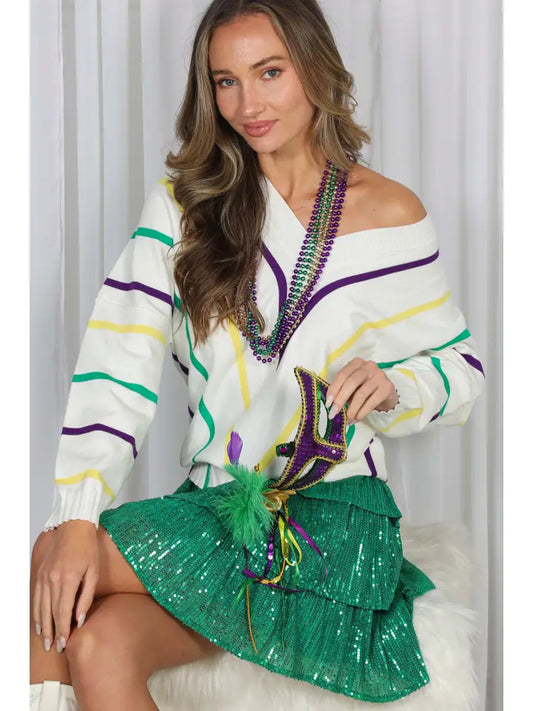 Mardi Gras V-Neck Sleeve Striped Sweater - The Season Boutique