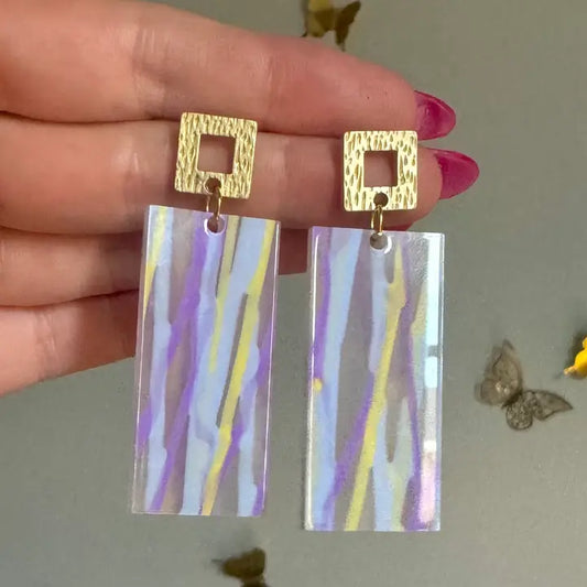 Acrylic Purple Lavender Yellow Stripe Earrings