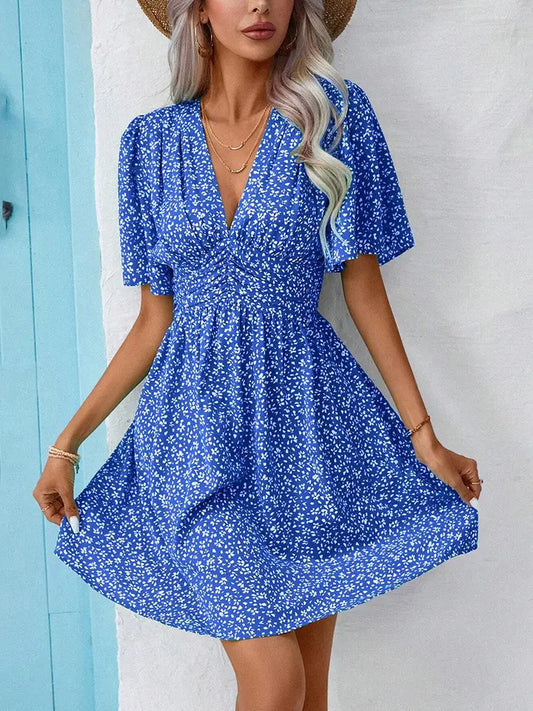 V-Neck Print Floral Pleated Dress