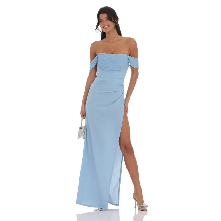 Mesh Draped Corset Maxi Dress in Light Blue The Season Boutique Mesh Draped Corset Maxi Dress in Light Blue The Season Boutique