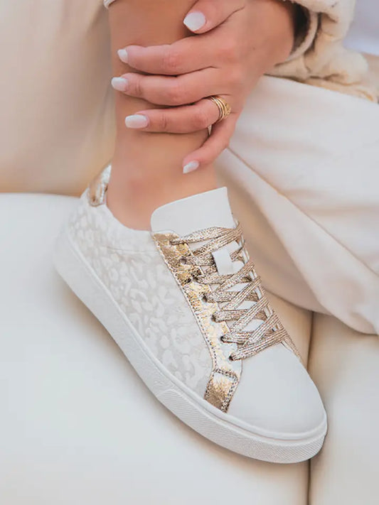 Leopard Print Glitter Patched Pu Leather Lace-Up Shoes