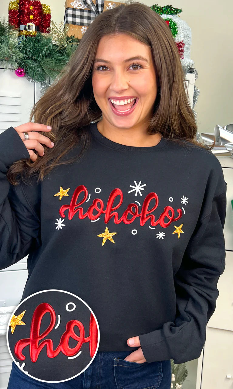 HoHoHo Metallic Puff Christmas Graphic Sweatshirt - Black