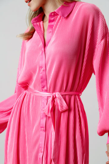 Pink Pleated Dress with Belt