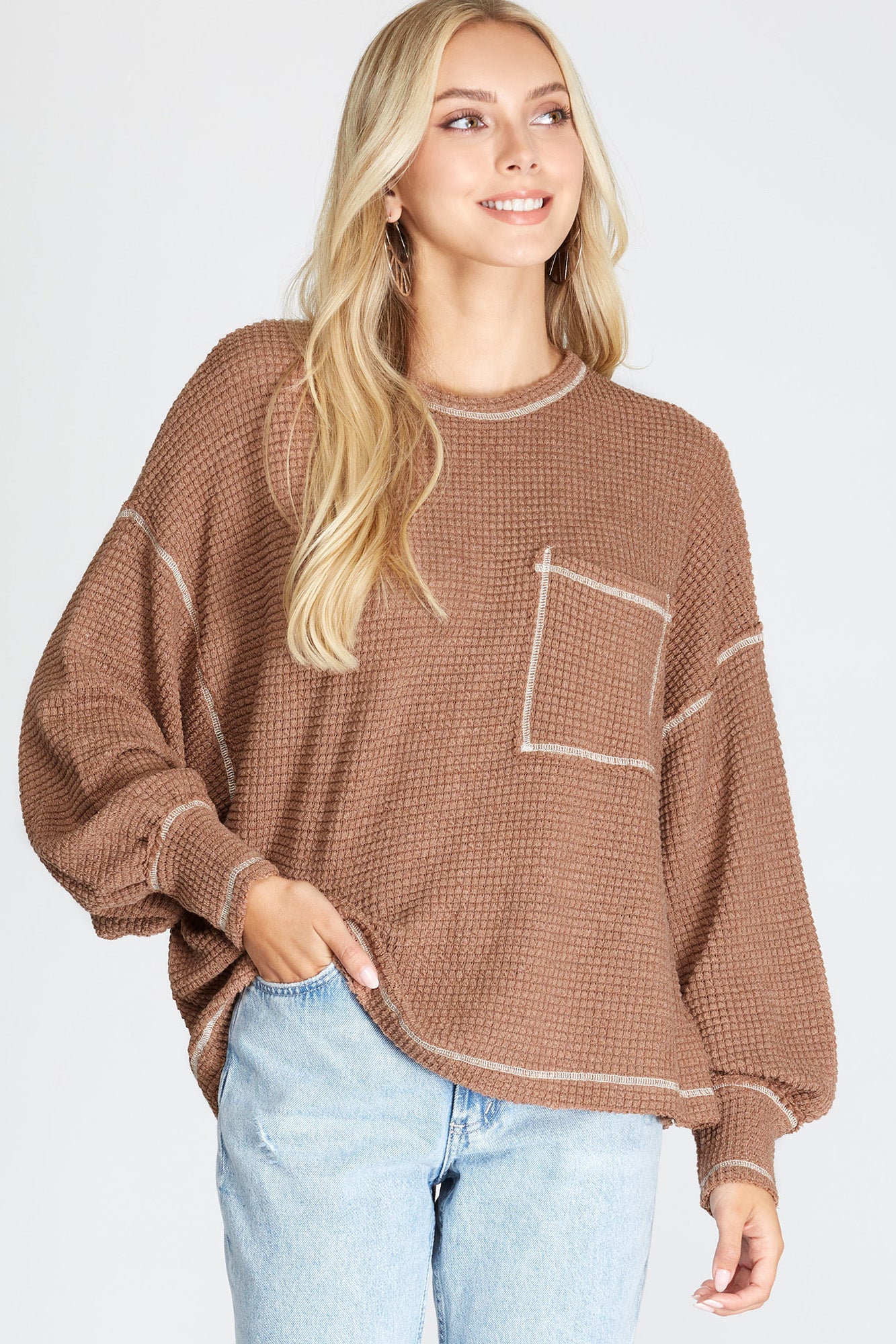 LONG BUBBLE SLEEVE WAFFLE KNIT SWEATER - The Season Boutique