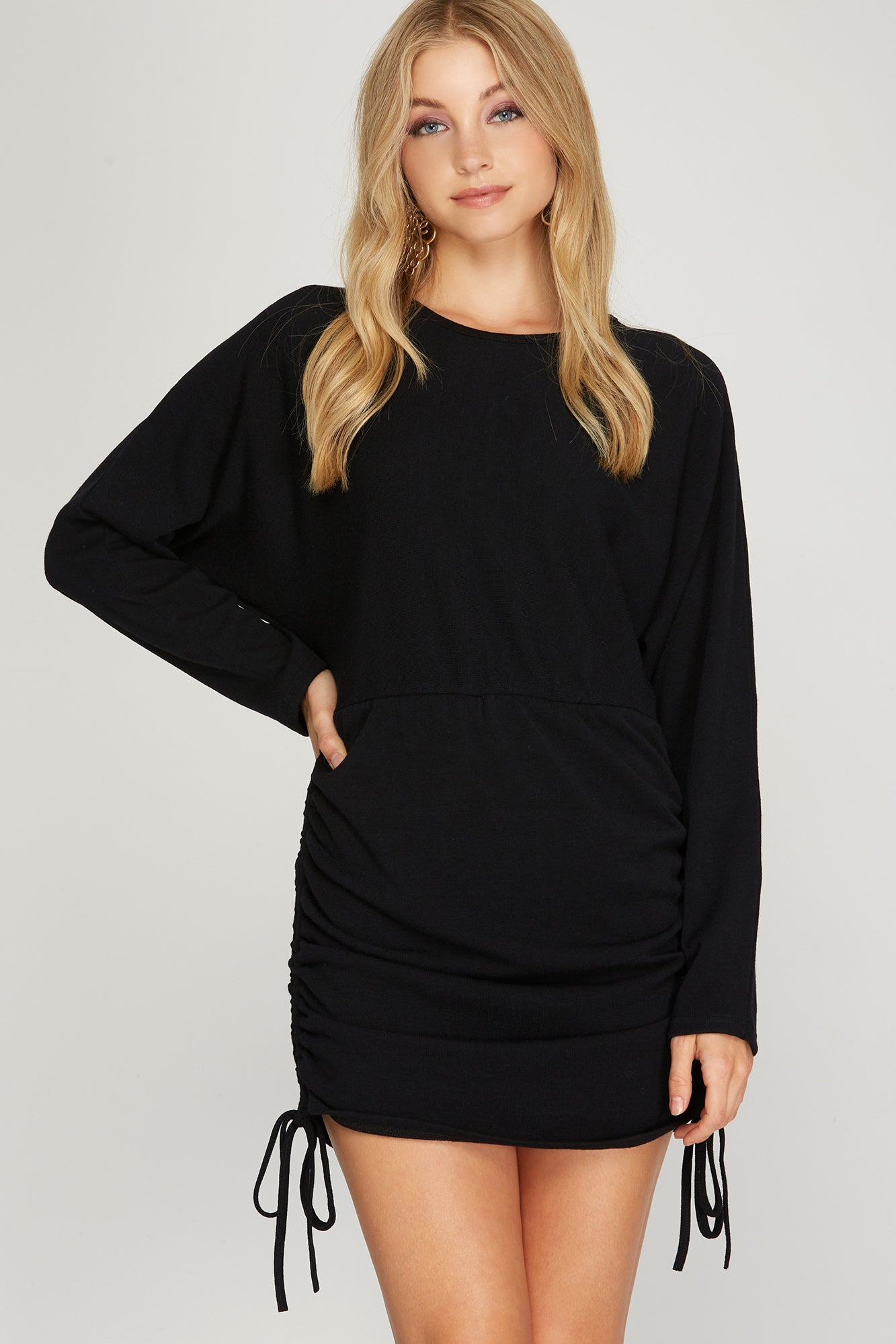 LONG DOLMAN SLEEVE KNIT DRESS WITH DRAWSTRING RUCHED SIDES - The Season Boutique