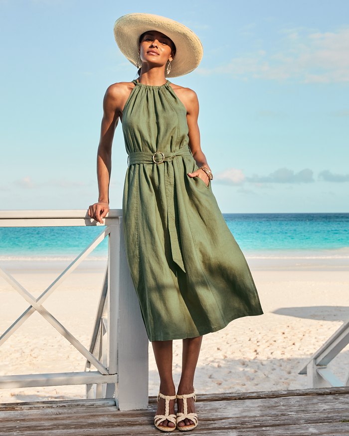 boutique halter dress Blue Clams Mini Similar to brands like VICI Amelia Halter Linen Midi Dress