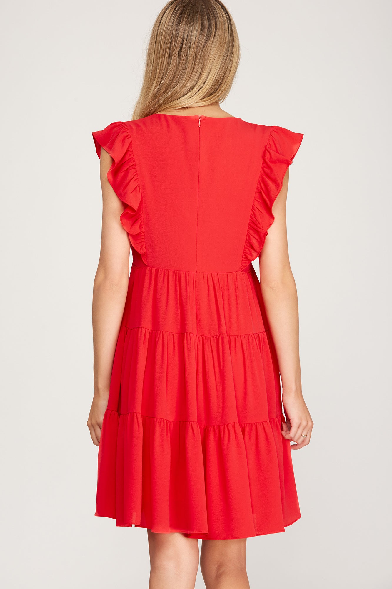 Sleeveless Woven Ruffled Red Dress