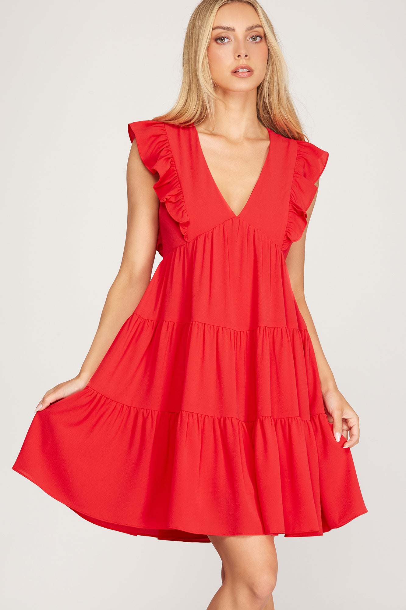Sleeveless Woven Ruffled Red Dress