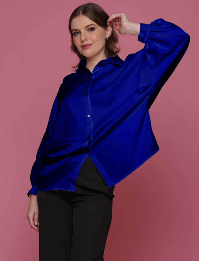 Royal Blue Satin Button Up