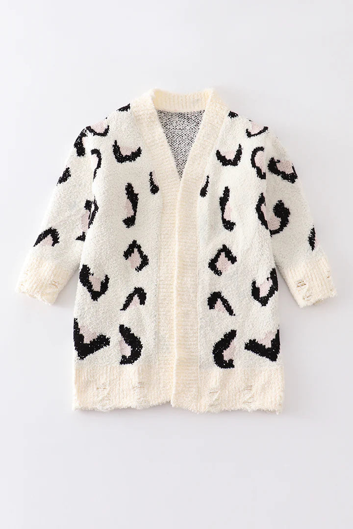 Girls White Leopard Cardigan