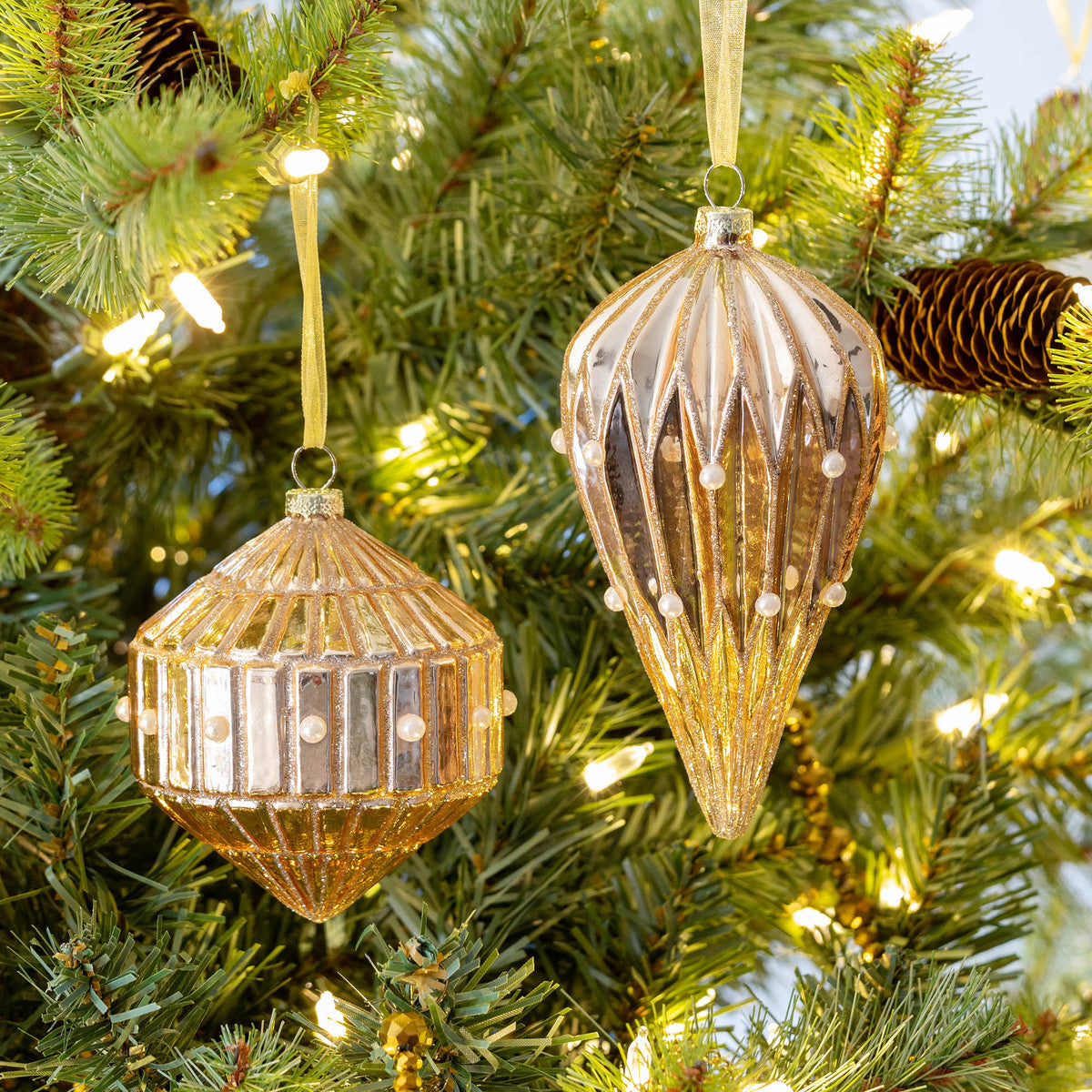 Pleated Pearl Embellished Glass Finial Ornament, 2 Assorted Styles - The Season Boutique