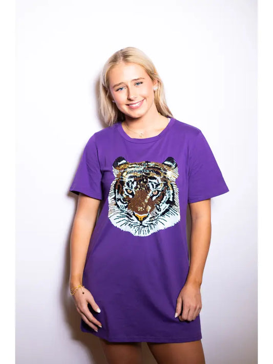 Women's Sequin Design T-Shirt Dress (Purple)