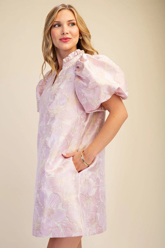 Ruffle V-Neck Puff Sleeve Mini Dress