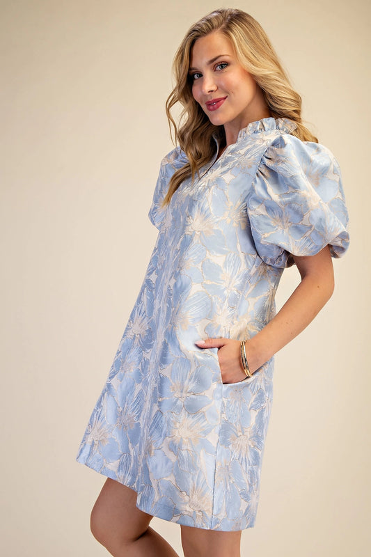 Ruffle V-Neck Puff Sleeve Mini Dress