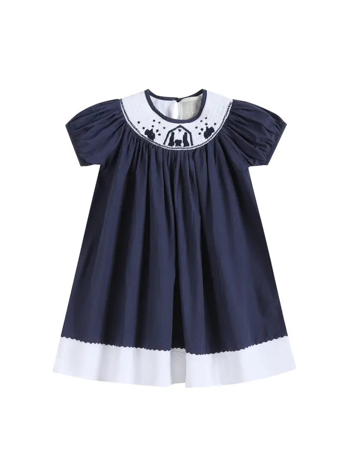 Blue and White Christmas Nativity Smocked Bishop Dress The Season Boutique Blue and White Christmas Nativity Smocked Bishop Dress The Season Boutique