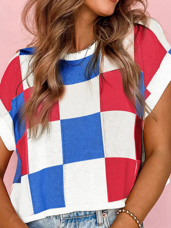 White Color Block Cap Sleeve Sweater