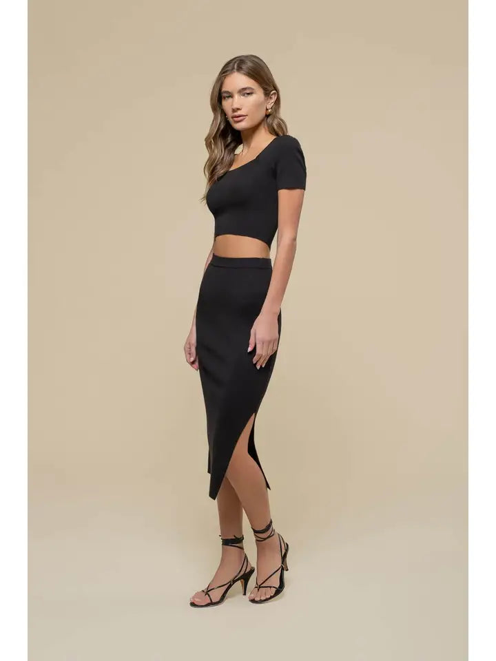 High Waist Slit Knit Midi Skirt