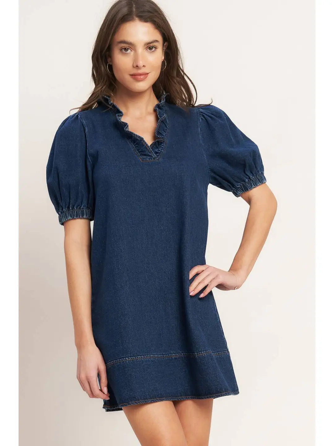MODERN FOLK TOUCH DNIM MINI DRESS - The Season Boutique