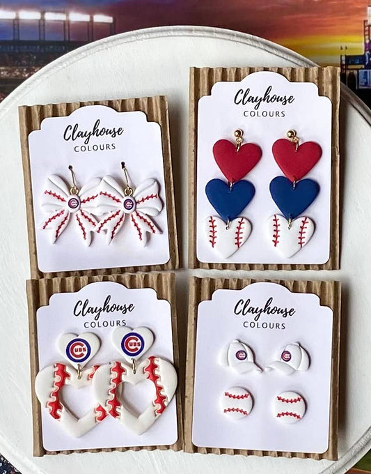 Cubs Baseball Earrings : Triple Heart Dangles