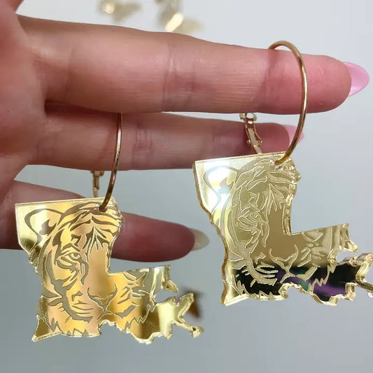 Mirror Gold Acrylic Louisiana State Tiger Face Hoop Earrings