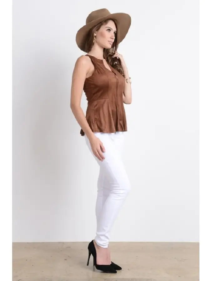 Sleeveless Zip Up Suede Peplum Top