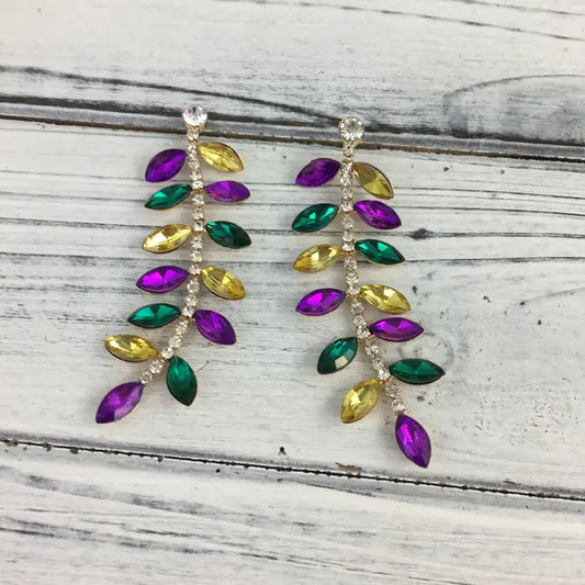 Mardi Gras Leaf Gemstone/ Rhinestone Earrings