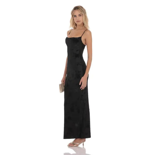 Velvet Floral Cowl Neck Maxi Dress in Black
