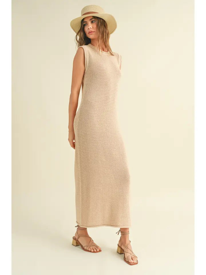Tan Sleeveless Crochet Knitted Dress
